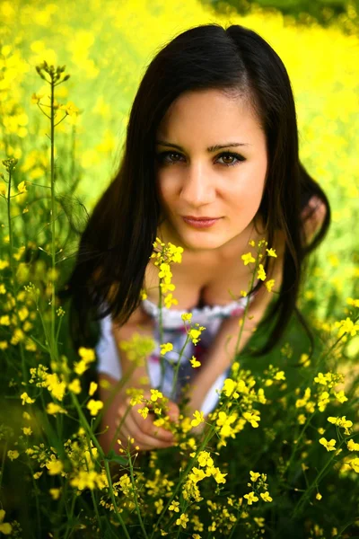 Meisje in een veld van gele bloemen — Stockfoto