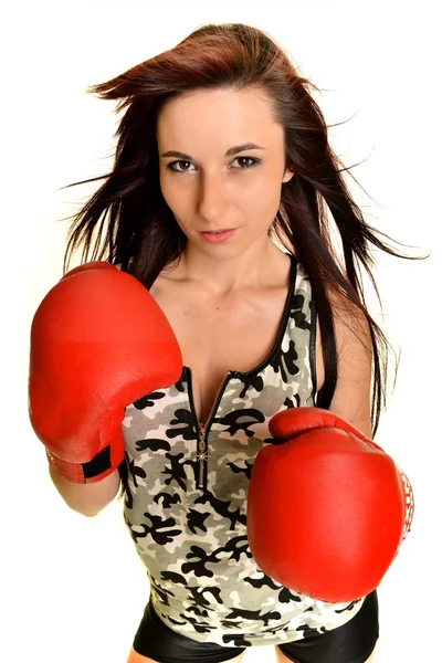 Giovane donna con guanto da boxe — Foto Stock