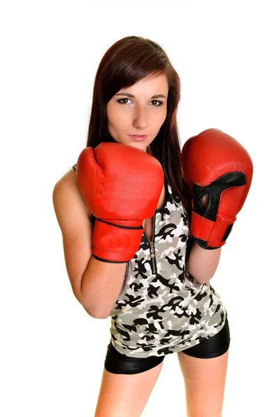 Mujer joven con guante de boxeo — Foto de Stock