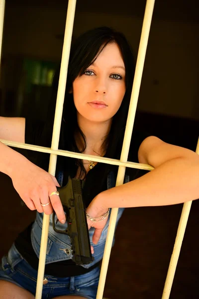 Female Criminal Behind Bars — Stock Photo, Image