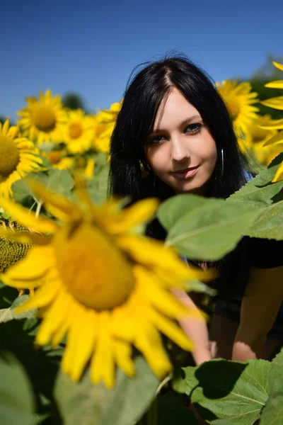 Frau im Sonnenblumenfeld - Landleben und Aromatherapie-Konzept — Stockfoto