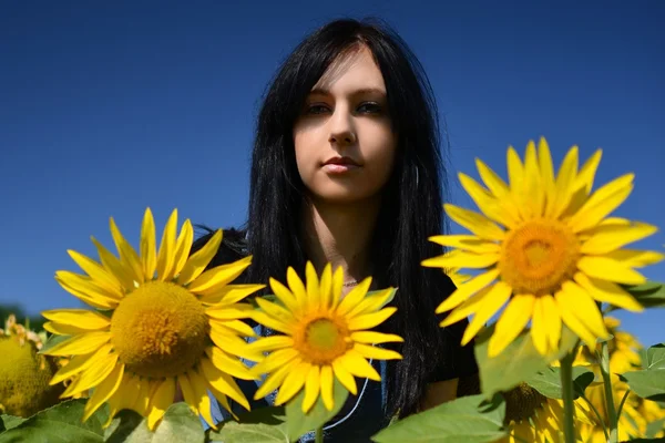 Kvinna i solros fält - livet på landsbygden och aromterapi koncept — Stockfoto