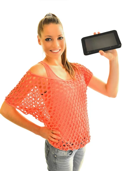 Leende kvinna med tablet PC — Stockfoto