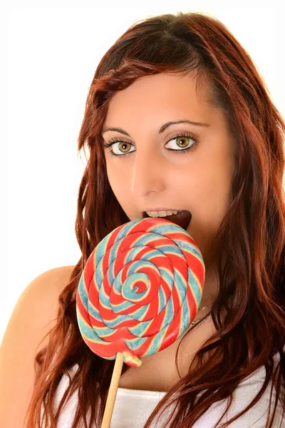 Belleza chica retrato celebración colorido lollipop —  Fotos de Stock