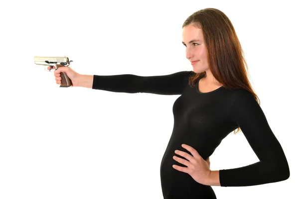 Sexy detective woman with aiming gun — Stock Photo, Image