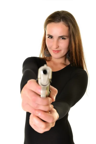 Σέξι γυναίκα ντετέκτιβ με στόχο όπλο — Φωτογραφία Αρχείου