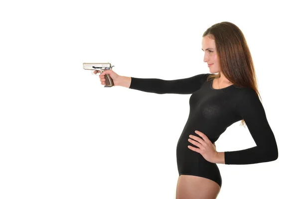 Sexy detective woman with aiming gun — Stock Photo, Image