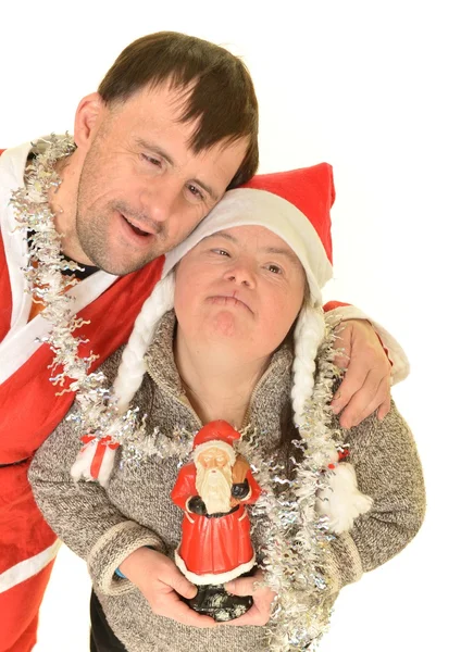 Down casal síndrome na época do Natal — Fotografia de Stock