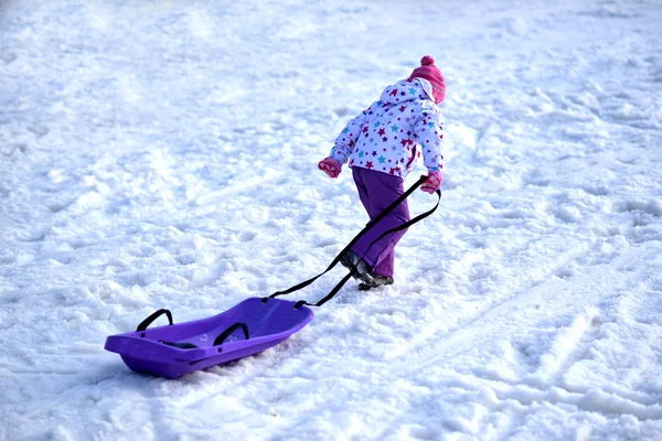 Szczęśliwa dziewczyna sankach, zima, zabawa, śnieg, rodzina sankach — Zdjęcie stockowe