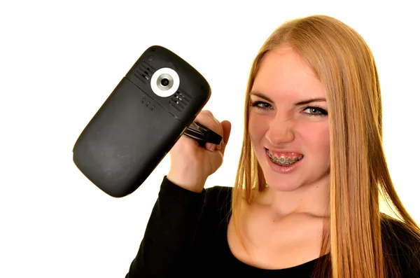 Blond girl with knife and damaged phone — Stock Photo, Image