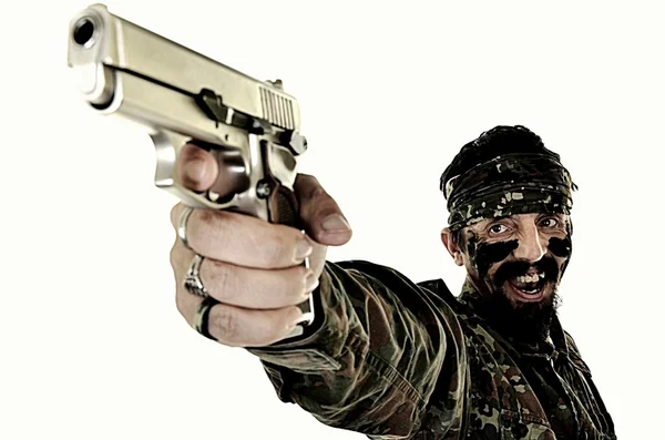 Angry Soldier Holding Gun On White Background — Stock Photo, Image