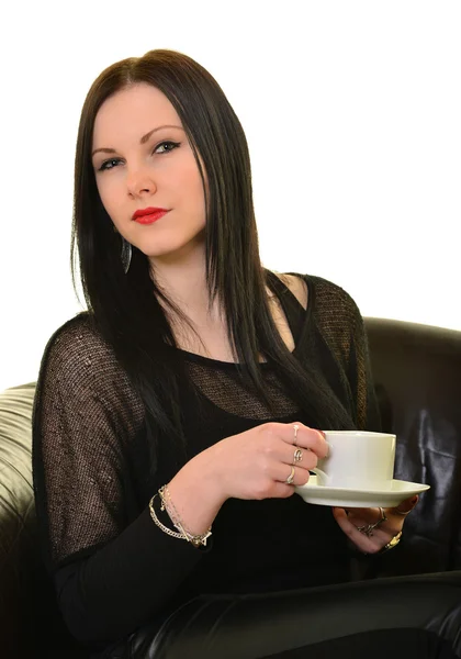 Kvinna med kopp te eller kaffe — Stockfoto