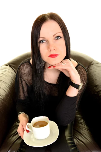 Vrouw met kopje thee of koffie — Stockfoto