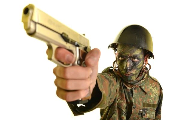 Soldier man and  gun — Stock Photo, Image