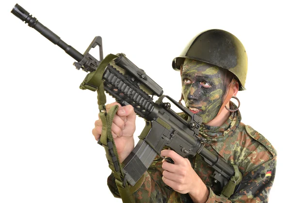 Soldier man and machine gun — Stock Photo, Image