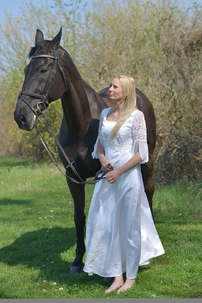 Bride and a horse. — Stock Photo, Image