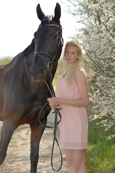 Dunkles Pferd und Frau — Stockfoto