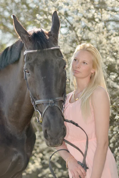 Cavallo e donna scuri — Foto Stock