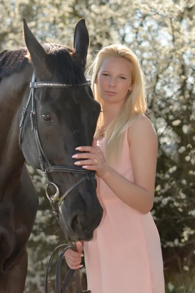 Dark horse and woman — Stock Photo, Image