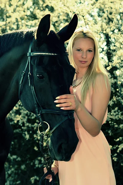 Caballo oscuro y mujer —  Fotos de Stock