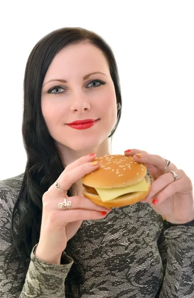 Vrouw bedrijf Hamburger — Stockfoto