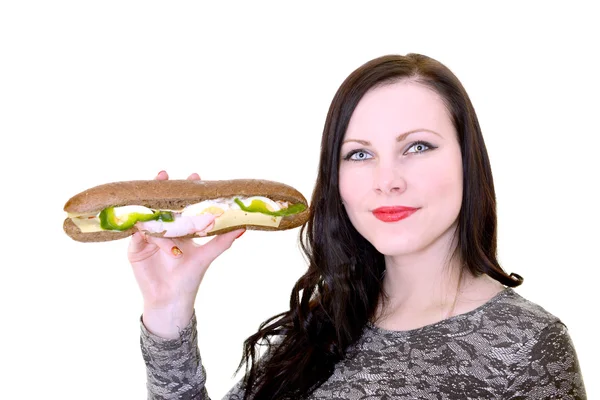 Mulher segurando sanduíche — Fotografia de Stock