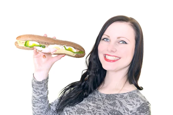 Woman holding sandwich — Stock Photo, Image