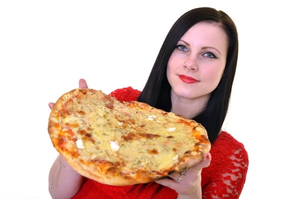 Vrouw bedrijf pizza — Stockfoto