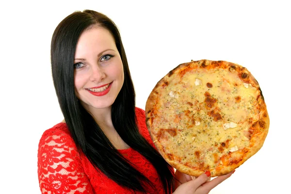 Женщина держит пиццу — стоковое фото