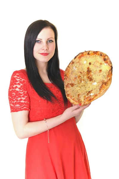 Donna che tiene la pizza — Foto Stock