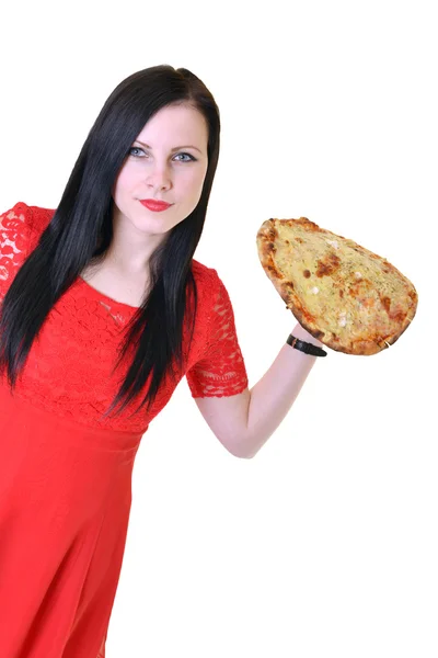 Γυναίκα εκμετάλλευση πίτσα — Φωτογραφία Αρχείου