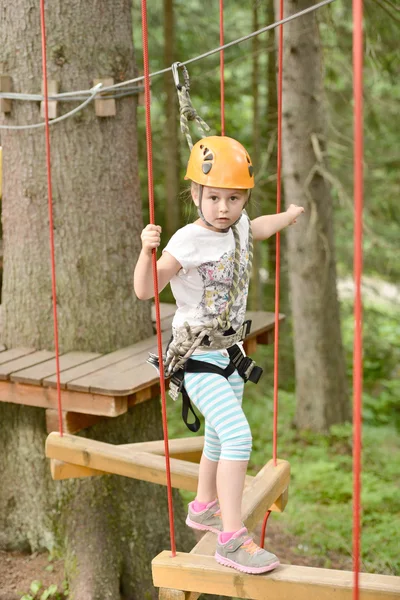 Dívka, lezení v korunách stromů — Stock fotografie