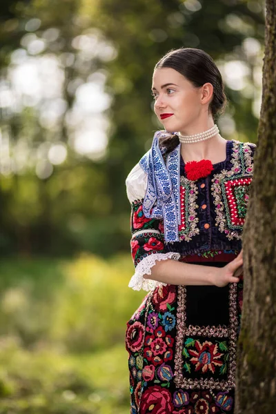 Młoda Piękna Słowianka Tradycyjnej Sukience Słowacki Folklor — Zdjęcie stockowe