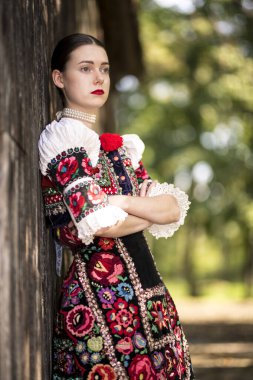 Geleneksel elbiseli, güzel, Slovak kadın. Slovakça folklor