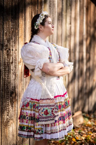 Młoda Piękna Słowianka Tradycyjnej Sukience Słowacki Folklor — Zdjęcie stockowe