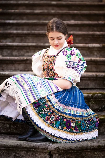 Young Beautiful Slovak Woman Traditional Dress Slovak Folklore — Stock Photo, Image