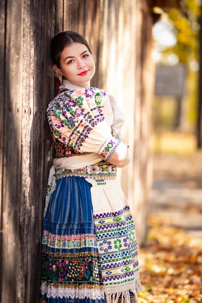 Młoda Piękna Słowianka Tradycyjnej Sukience Słowacki Folklor — Zdjęcie stockowe