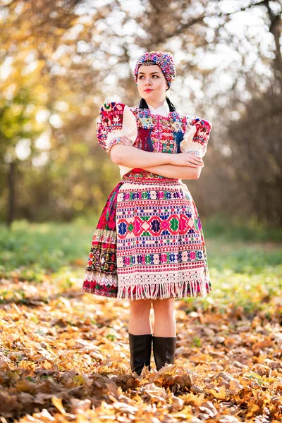 Mladá Krásná Slovenská Žena Tradičních Šatech Slovenský Folklór — Stock fotografie