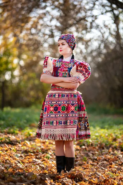 Młoda Piękna Słowianka Tradycyjnej Sukience Słowacki Folklor — Zdjęcie stockowe