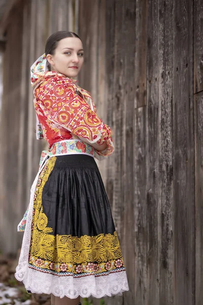 Młoda Piękna Słowianka Tradycyjnej Sukience Słowacki Folklor — Zdjęcie stockowe