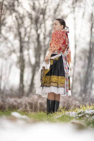 Młoda Piękna Słowianka Tradycyjnej Sukience Słowacki Folklor — Zdjęcie stockowe