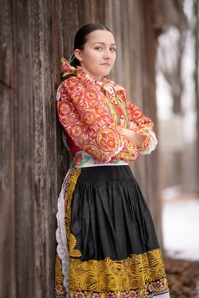 Młoda Piękna Słowianka Tradycyjnej Sukience Słowacki Folklor — Zdjęcie stockowe