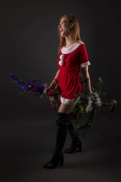 身穿红色圣诞服装 头戴装饰圣诞树的快乐女孩出现在演播室 — 图库照片