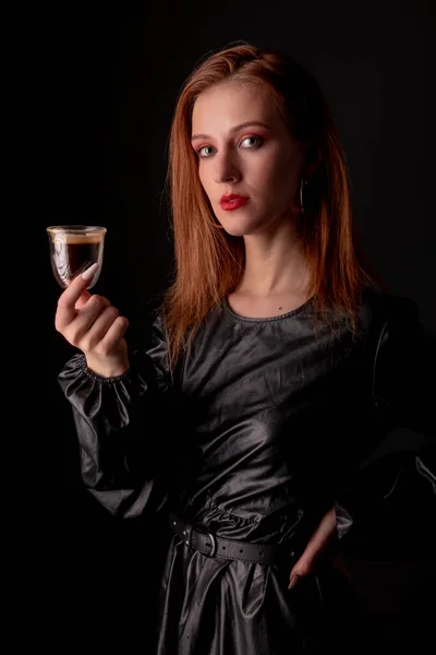 Woman Drinking Coffee Studio Portrait — Stock Photo, Image