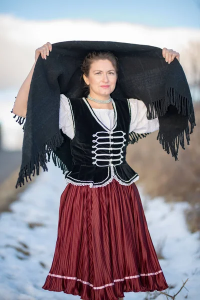 Geleneksel Slovakya Folklor Kostümü Giymiş Genç Bir Kadın Kırsalda Poz — Stok fotoğraf