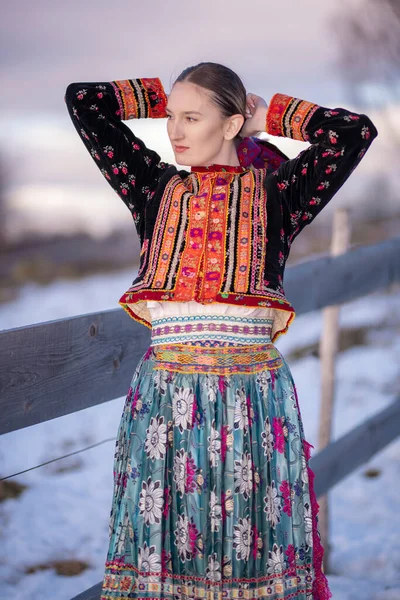 Slovak Folklor Elbiseli Güzel Bir Kadın — Stok fotoğraf