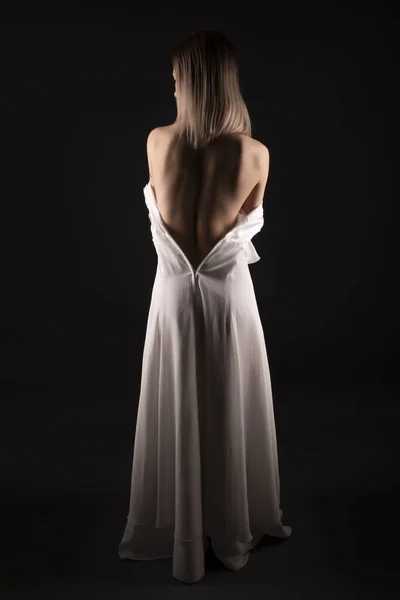 Сексуальное Свадебное Платье Невесты Женщина Снимает Белое Платье Женщина Заднего — стоковое фото