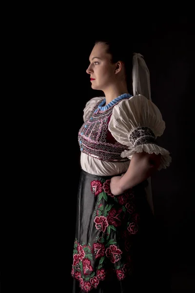 Menina Bonita Nova Vestido Tradicional Folclore Eslovaco Menina Folclórica Eslovaca — Fotografia de Stock
