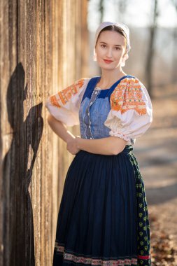 Geleneksel elbiseli, dışarıda poz veren güzel, Slovak bir kadın. Slovakça folklor