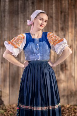Geleneksel elbiseli, dışarıda poz veren güzel, Slovak bir kadın. Slovakça folklor